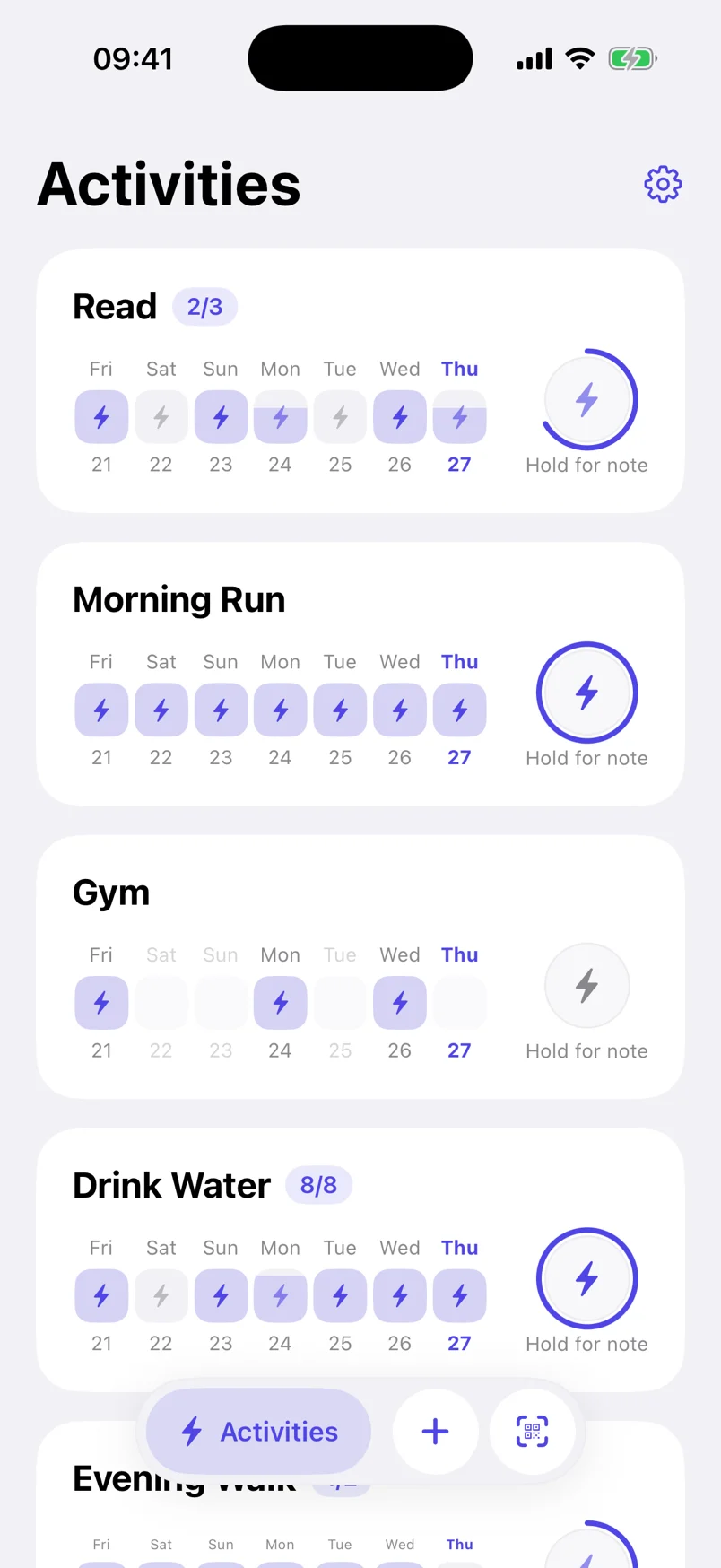 The Pulse activities screen: four cards — Read, Morning Run, Gym and Drink Water — each showing the past seven days as a row of lightning bolts, with a circular button to log today.