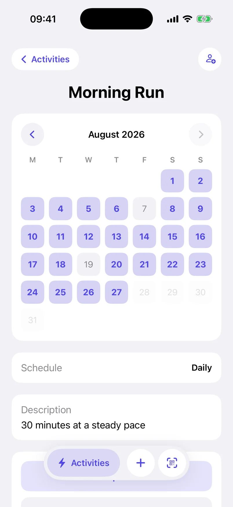 An activity's own screen: a month calendar for August 2026 with almost every day filled in, above its schedule and description.