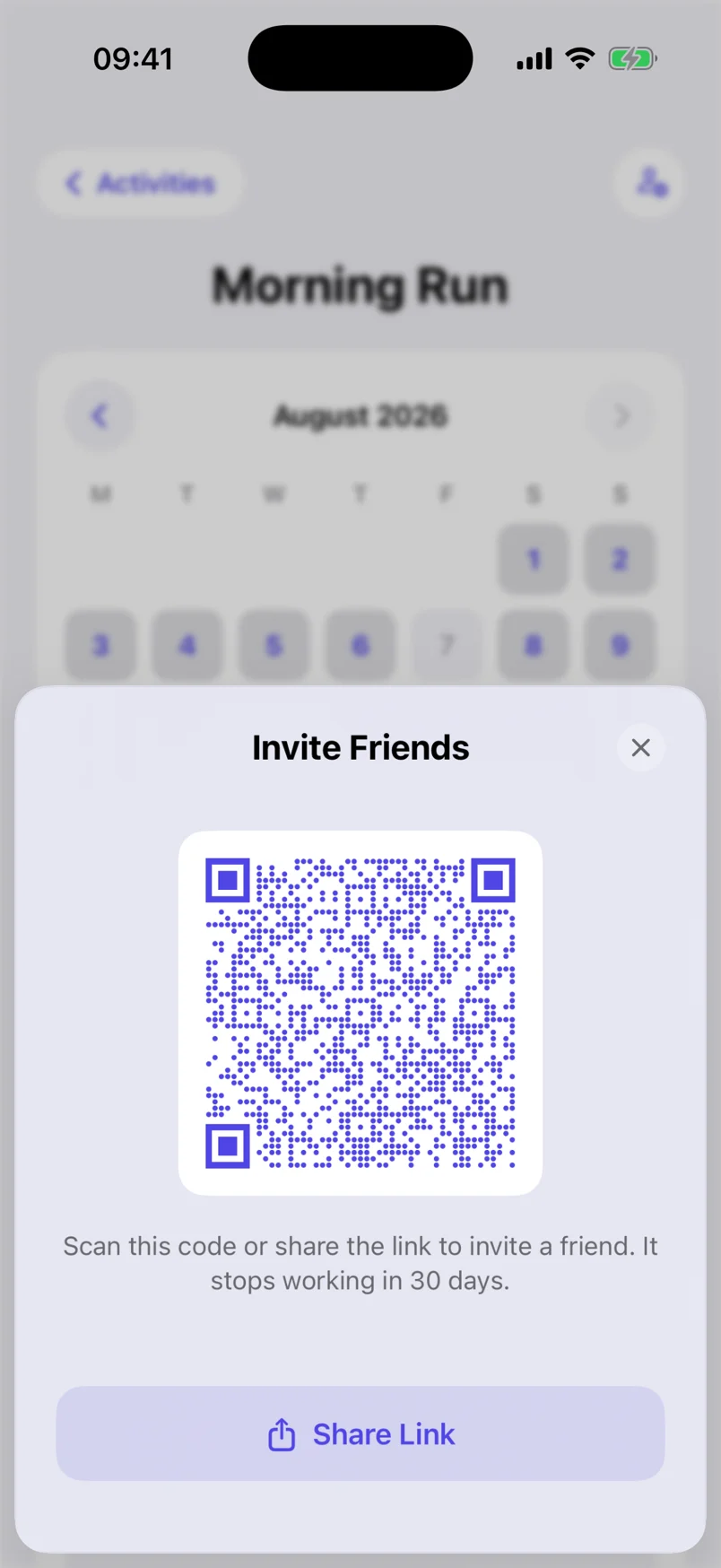 The Invite Friends sheet: a large QR code above a Share Link button, with a note that the code stops working in 30 days.