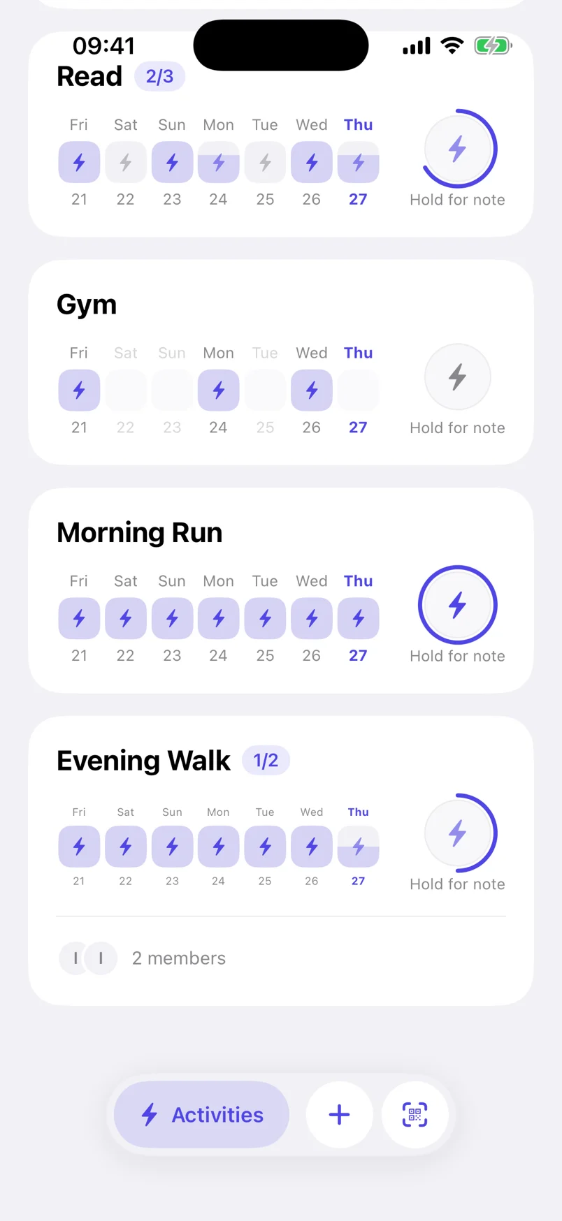 A shared activity, Evening Walk, showing the week's progress above a row of member avatars labelled 2 members.